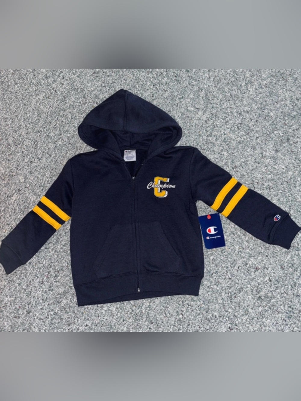 Champion Kids Navy Zip-Up Hoodie with Yellow Sleeve Stripes